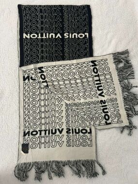 Louis Vuitton Black & Ivory Reversible Logo Fringe Scarf
